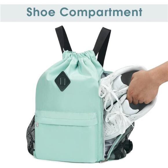 Drawstring Backpack Sports Gym Bag with Shoes Compartment, Water-Resistant - Picture 3 of 7